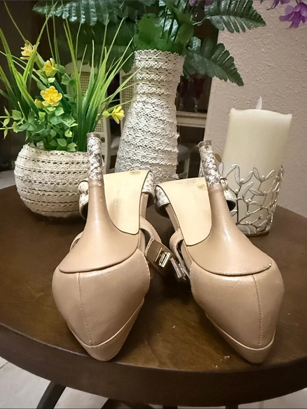 BCBG Pointed-Toe Snakeskin-Print Mary Jane Heels in Tan